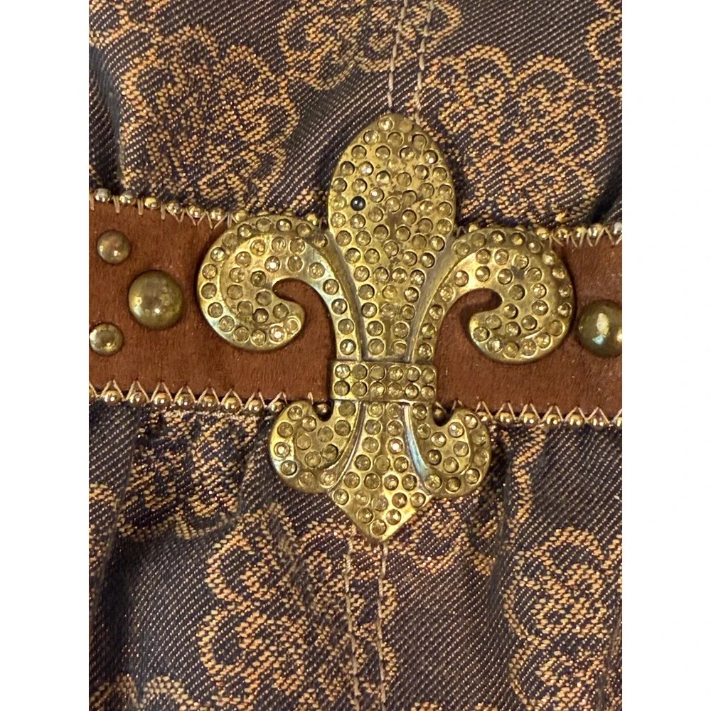 Kathy Van Zeeland Hobo Bag Large Brown Fleur De Lis Studded Y2K Boho Purse
